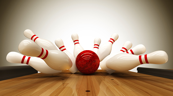 Bowling strike hit, concept of success and win. 3D rendered.