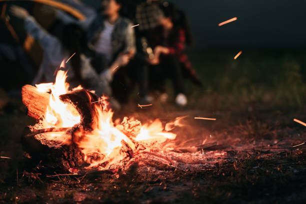 sparking bonfire with tourist people sit around bright bonfire near camping tent in forest in summer night background. group of student at outdoor fire fuel. travel  activity and long vacation weekend - bonfire beach fire barbecue imagens e fotografias de stock