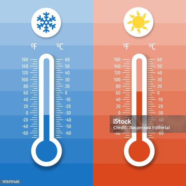뜨겁거나 추운 날씨 의료 장비를 보여주는 온도계 장비 열과 추위를 측정하는 섭씨 및 화씨 기상 온도계 0명에 대한 스톡 벡터 ...