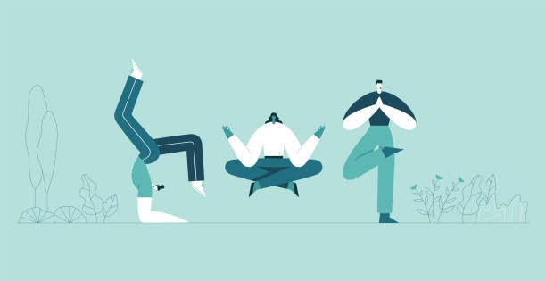 ludzie jogi stanowi. mężczyzna i kobieta robią asanę i medytują. nowoczesne postacie z kreskówek i zielone rośliny tła. wektorowa płaska ilustracja. - healthy lifestyle yoga vitality flexibility stock illustrations