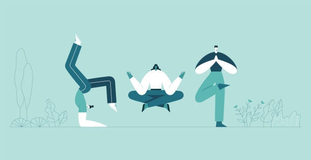 ilustrações, clipart, desenhos animados e ícones de poses da ioga dos povos. homem e mulher que fazem o asana e meditam. personagens de banda desenhada modernos e fundo verde das plantas. ilustração lisa do vetor. - healthy lifestyle yoga vitality flexibility