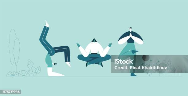 People Yoga Poses Man And Woman Doing Asana And Meditate Modern Cartoon Characters And Green Plants Background Vector Flat Illustration Stock Illustration - Download Image Now