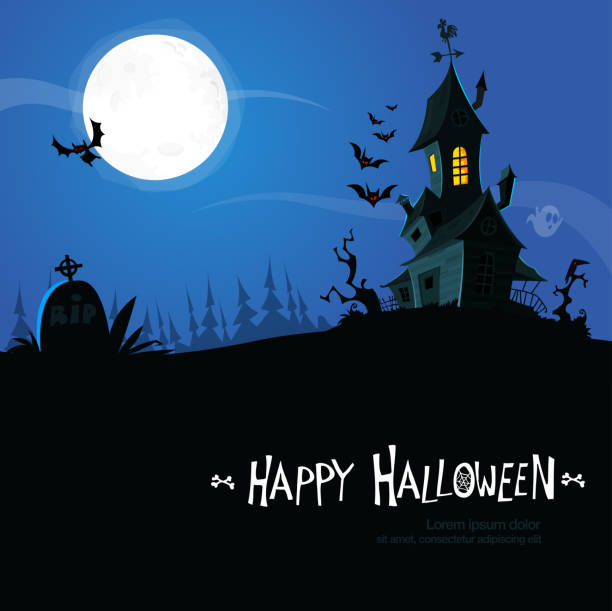 Spooky Halloween background with hounted scary house Spooky Halloween background with hounted scary house monster back lit halloween cemetery stock illustrations