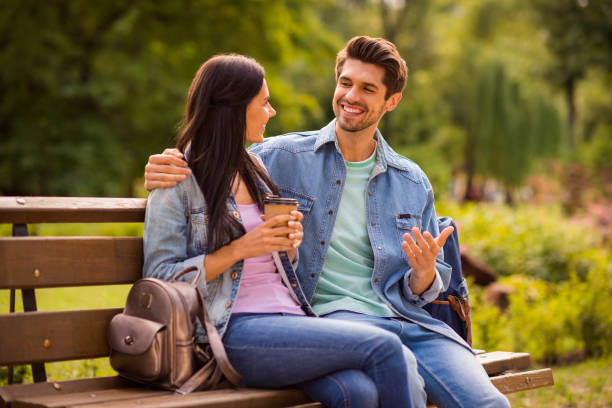 istock Profile side view of his he her she nice attractive charming cute cheerful cheery communicative friends wearing denim spending free time in green wood forest outdoors springtime 1175720595