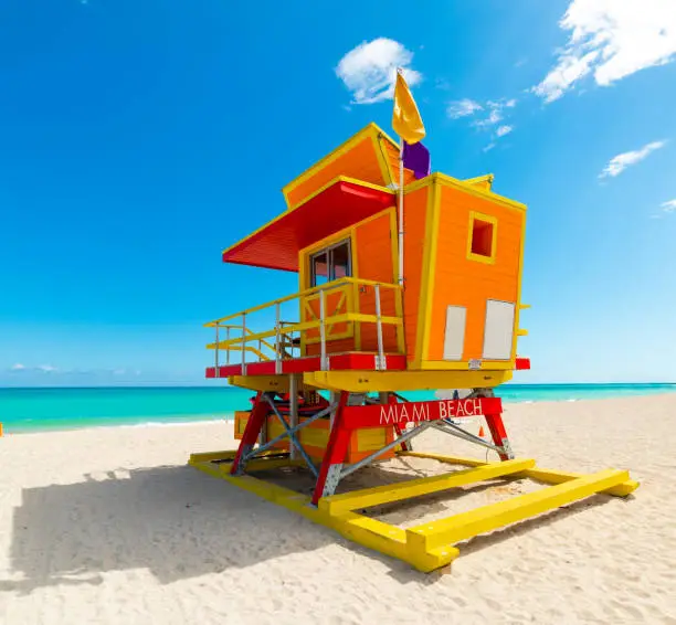 Colorful lifeguard tower in world famous Miami Beach, USA