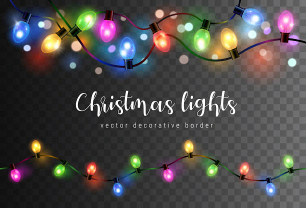 ilustrações de stock, clip art, desenhos animados e ícones de vector set of realistic glowing colorful christmas lights in seamless pattern isolated on dark background - holidays
