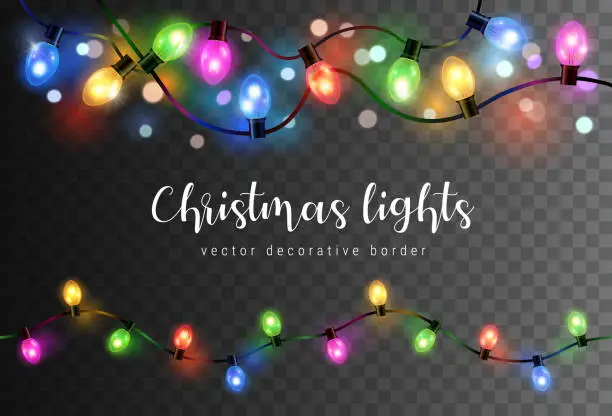 Vector illustration of Vector set of realistic glowing colorful christmas lights in seamless pattern isolated on dark background