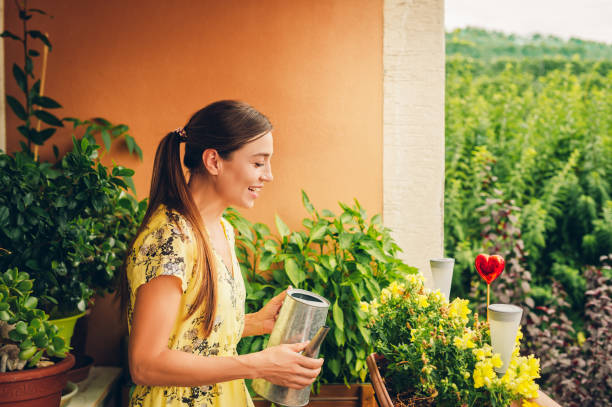 Portrait of beautiful woman watering green plants on the balcony, small cozy garden in apartment stock photo