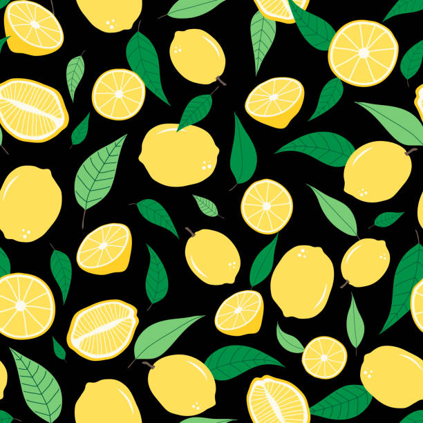 illustrations, cliparts, dessins animés et icônes de modèle sans couture de citron avec le fond noir - lemon portion citrus fruit juice