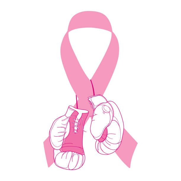 Vector pink ribbon with fighting boxing gloves isolated on white background. Vector pink ribbon with fighting boxing gloves isolated on white background. Design with gloves and ribbon for international health woman campaign in October. Breast Cancer Awareness Month symbol. boxing glove stock illustrations