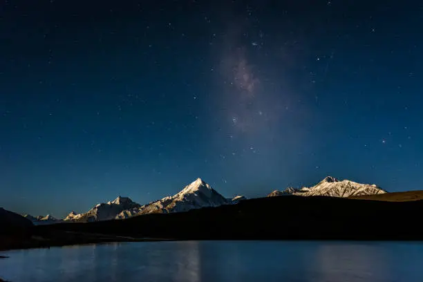 Chandrataal lake with milkyway background on full moon night. The chandrataal lake is also known as lake of the moon
