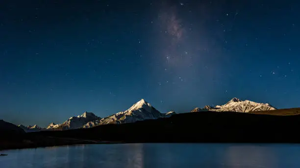 Chandrataal lake with milkyway background on full moon night. The chandrataal lake is also known as lake of the moon