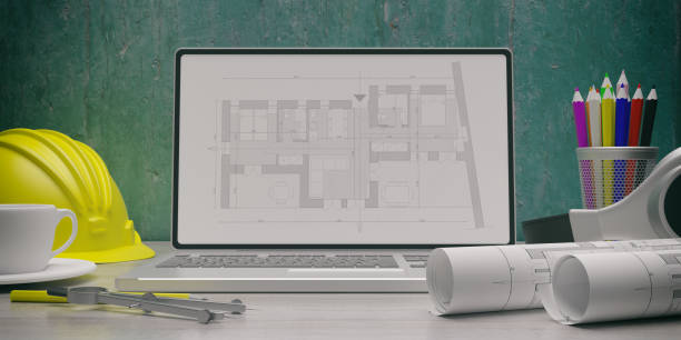 istock Residential building blueprint plan on a laptop screen. 3d illustration 1175732532