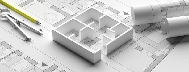 주거 용 건물 청사진 계획 및 주택 모델, 배너. 3d 일러스트레이션 - three dimensional blueprint construction housing project 뉴스 사진 이미지