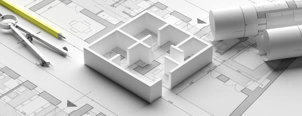 Residential building blueprint plans and house model, banner. 3d illustration Building project blueprint plans and house model. Real estate, construction concept, banner. Architecture design. 3d illustration measuring a room stock pictures, royalty-free photos & images