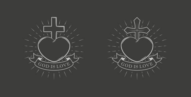 ilustrações, clipart, desenhos animados e ícones de ilustração preto e branco de um coração transversal com raias e uma bandeira com texto - cross shape cross heart shape jesus christ
