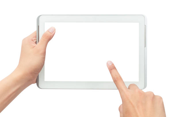 istock Male hand holding the white tablet pc computer and touching with blank screen isolated on white background with clipping path 1175735671