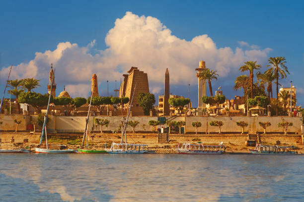 River Nile Luxor Egypt. View of Luxor’s business card - Karnak Temple stock photo
