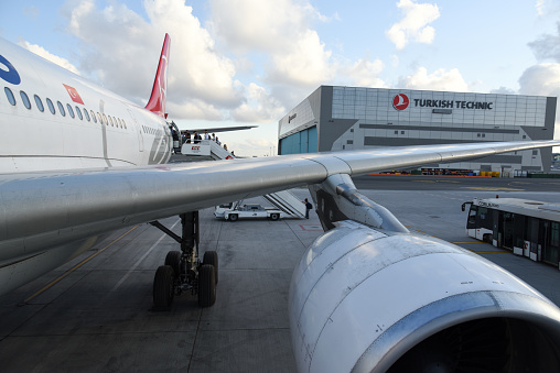 Turkish Airlines passenger Aircraft at Istanbul Airport IST during the boarding procedure. The Aircraft is standing at the Airflied.