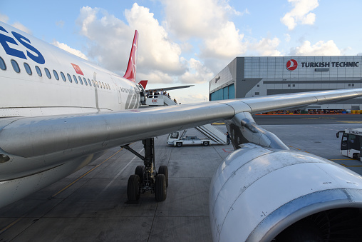 Turkish Airlines passenger Aircraft at Istanbul Airport IST during the boarding procedure. The Aircraft is standing at the Airflied.