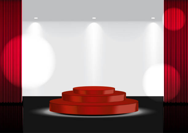 istock 3D Mock up Realistic Open Red Curtain on Red Award Stage or Cinema for Show, Concert or Presentation with Spotlight background illustration vector 1175740075