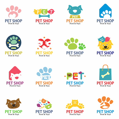 Pets shop logo, badges and labels set. Isolated on white background. Vector illustration
