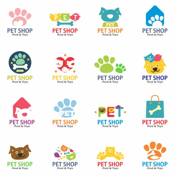 Vector illustration of Pets shop logo, badges and labels set. Isolated on white background. Vector illustration