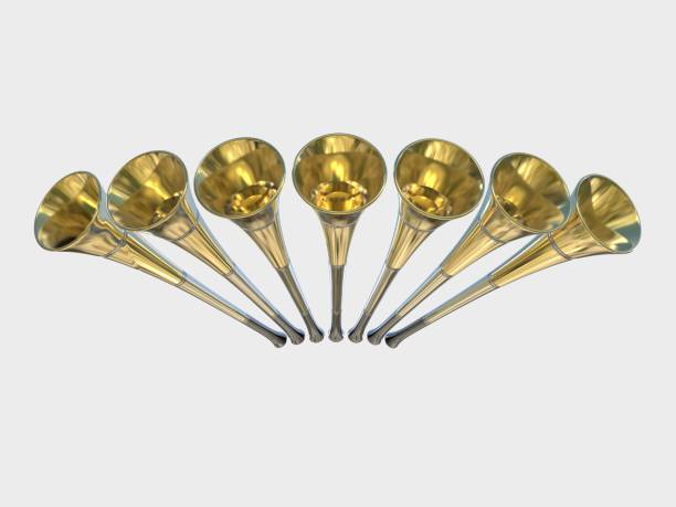 zeven 7 trompetten gouden openbaring waarschuwing vuvuzela hoorn - trompet stockfoto's en -beelden