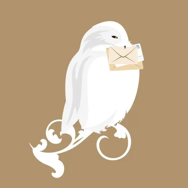 Vector illustration of white snowy owl holding correspondence letters vector design