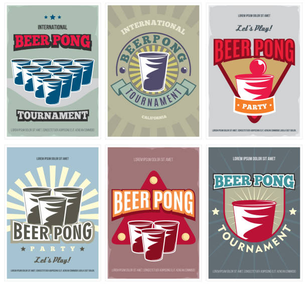 4. Beer Pong Tournament posters set. Retro collection of colored Beer Pong elements and Icons. Vector illustration. vector art illustration