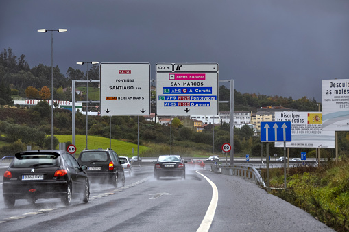 Lugo, Spain - October 31, 2010: Rainy weather and road from Bilbao to Santiago de Compostela, Spain
