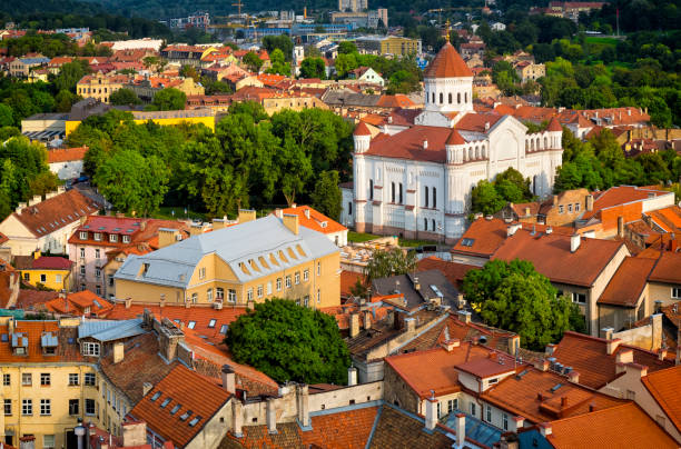 Aerial view of the old town in Vilnius with Cathedral of the Theotokos, Lithuania Aerial view of the old town in Vilnius with Cathedral of the Theotokos, Lithuania lithuania stock pictures, royalty-free photos & images
