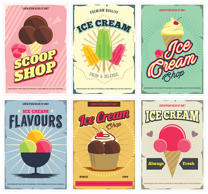Ice Cream 6 posters set in retro style. Flyer design templates for scoop shop, restaurant, add and more. Isolated. Vector.