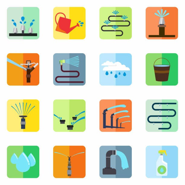 Irrigation equipment icons set with sprinklers and sprayers watering. Elements of Irrigation Automatic Systems. Isolated. Vector. vector art illustration