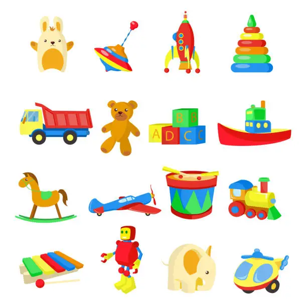 Vector illustration of Colorful toys set with bunny, drum, robot and more. Modern collection of vector toys icons for kids game. Isolated on white background