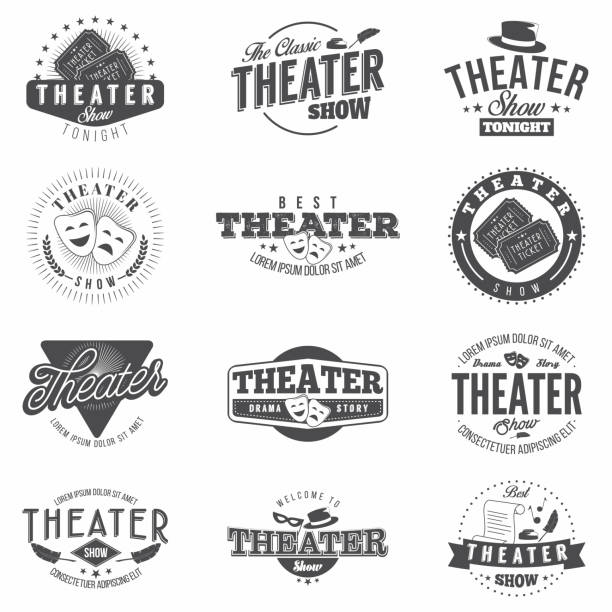 Theatre badges and emblems in retro style, vector illustration. Black vintage theatre show logo collection vector art illustration