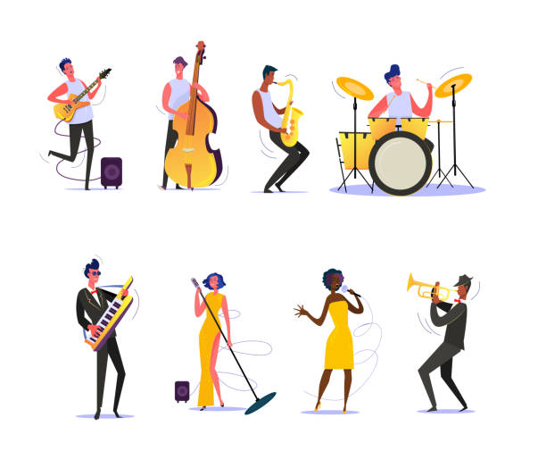 ilustraciones, imágenes clip art, dibujos animados e iconos de stock de conjunto de músicos actuando en escena - music microphone singer stage