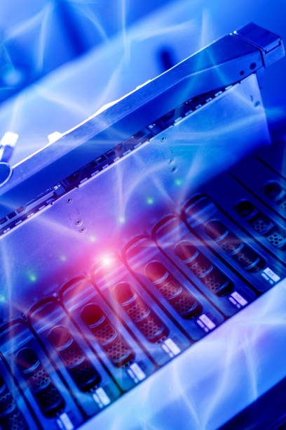 The server room tells the computer server that is working continuously. Convey the power and progress.