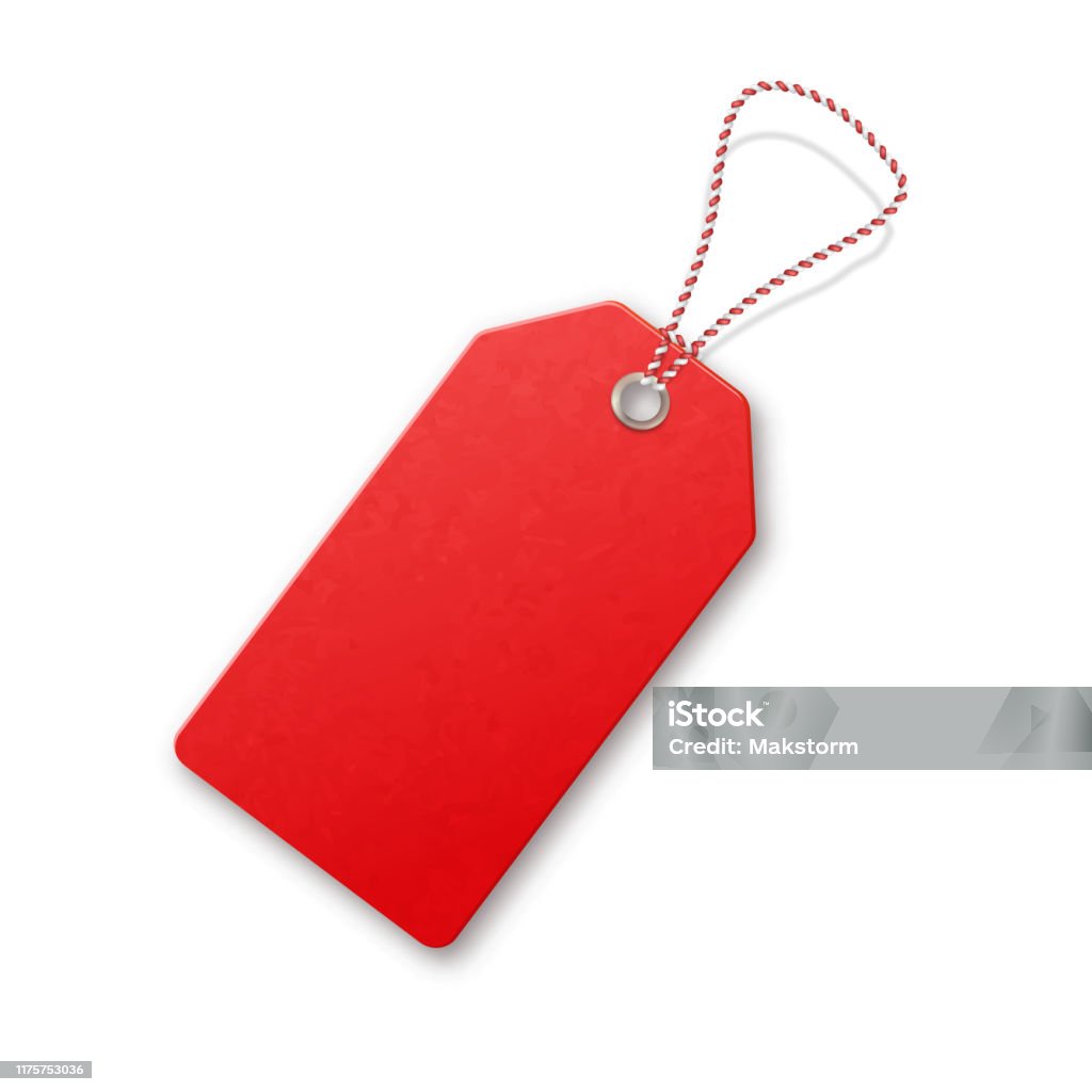 赤いリアルなテクスチャーはロープでタグを販売しています。 - ラベルのロイヤリティフリーベクトルアート