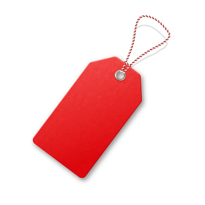 Red  realistic textured sell tag with rope. Vector design element.  Price vector label.