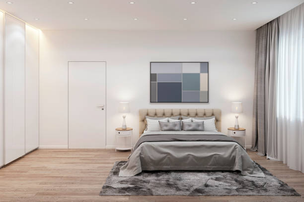 istock Bedroom interior in bright colors. Front view 1175755931
