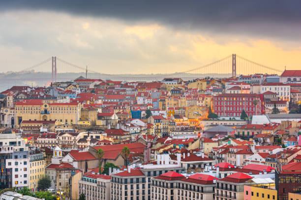 Lisbon, Portugal skyline after sunset.