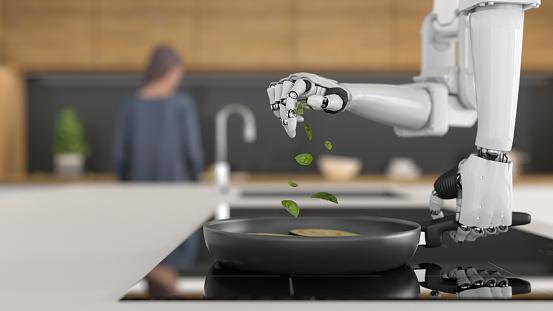 Robotic arms preparing a meal