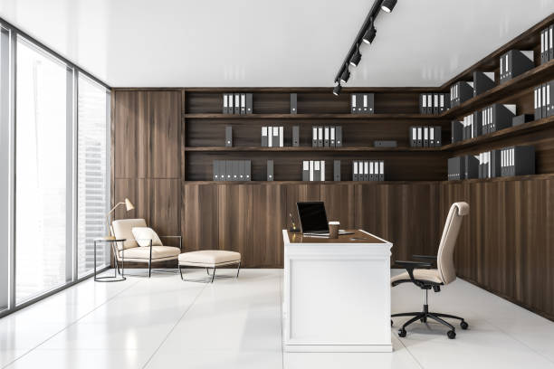 istock Wooden panoramic CEO office with lounge 1175763075