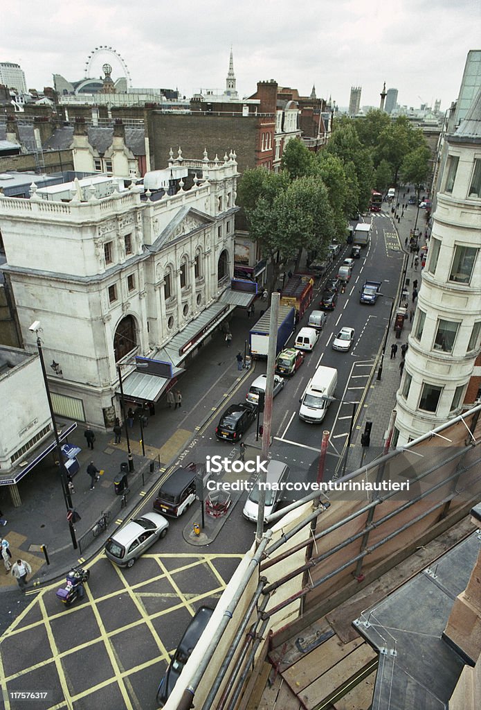 London from above Elevated view of Charing Cross Road, London, from the scaffolding of a construction site. Charing Cross Road Stock Photo