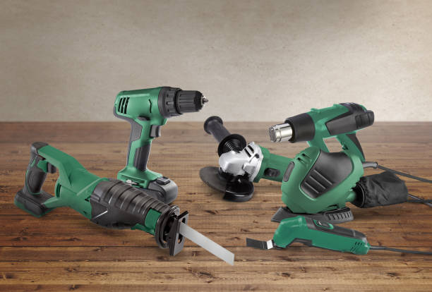 istock Group of heavy-duty power tools on an industrial background 1175763758