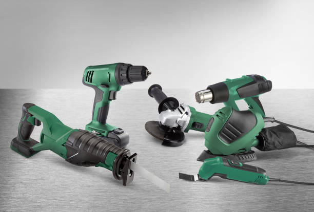 istock Group of heavy-duty power tools on an industrial background 1175763759