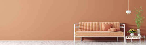 istock Interior of living room with coral sofa and coffee table panorama 3d rendering 1175764016