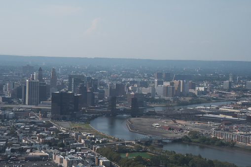 The tall buildings and bridges of Downtown Newark, NJ as seen from the air.