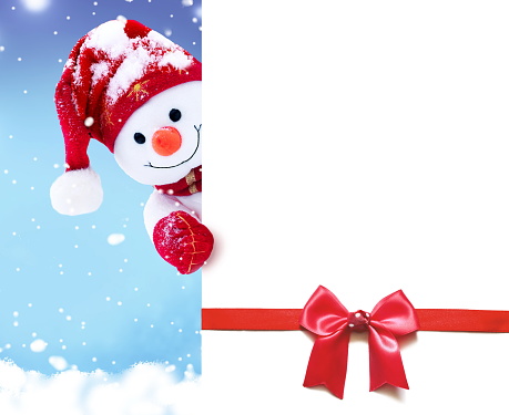 Cute funny snowman holding white page, Greeting Christmas card
